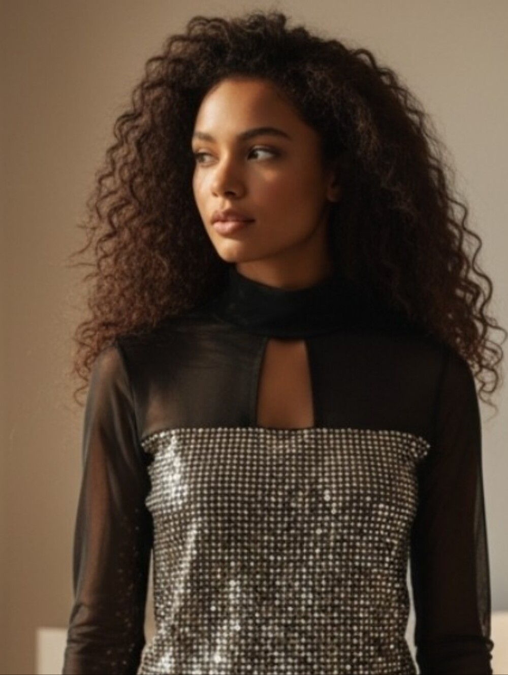 Guess Black Sequin Mesh Size Medium M Black Shirt Long Sleeve Shirt Blouse